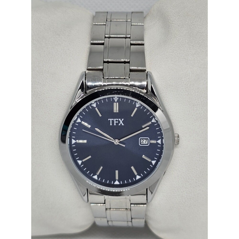 Men's TFX by Bulova Classic Silver Tone Blue Dial Date Bracelet Band Watch 11